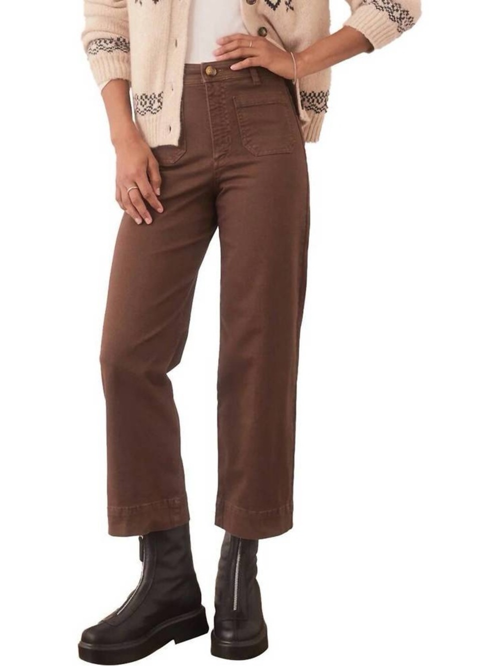 MARINE LAYER women’s wide leg front pocket brown crop pant in pinecone size 4